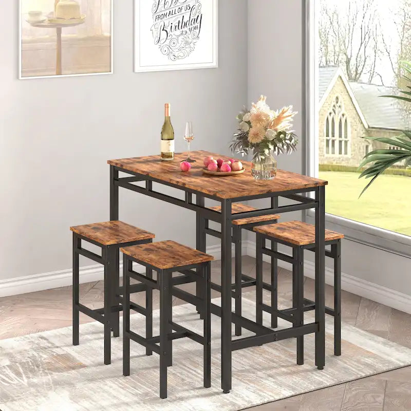 Ensemble table à manger hauteur comptoir avec 4 tabourets de bar, cadre métallique, plateau en bois vintage, table à manger rectangulaire, 5 pièces