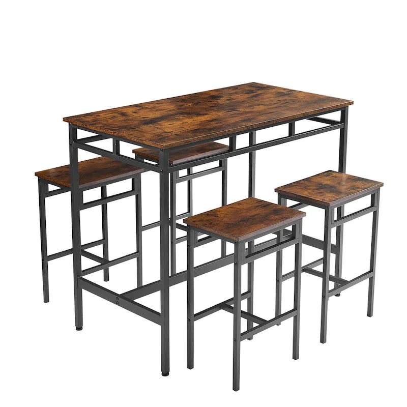 Ensemble table à manger hauteur comptoir avec 4 tabourets de bar, cadre métallique, plateau en bois vintage, table à manger rectangulaire, 5 pièces