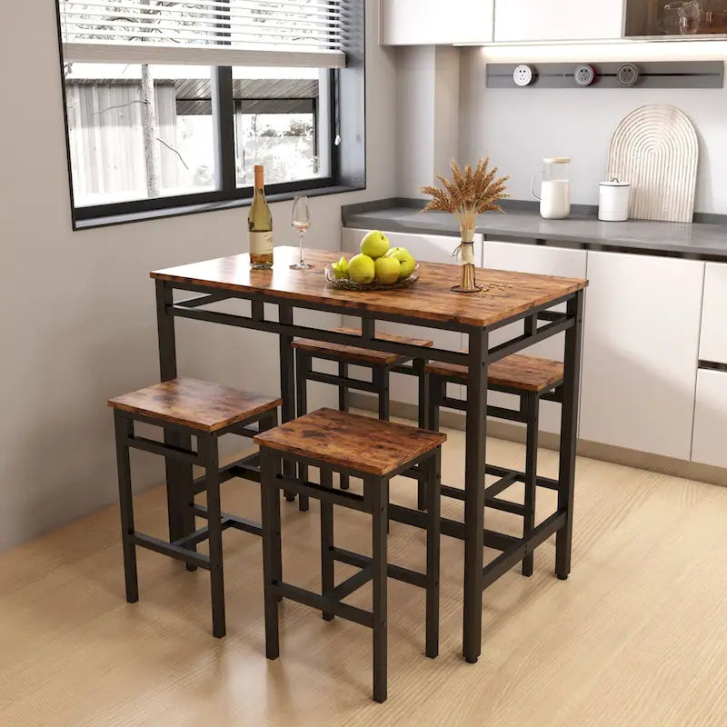 Ensemble table à manger hauteur comptoir avec 4 tabourets de bar, cadre métallique, plateau en bois vintage, table à manger rectangulaire, 5 pièces
