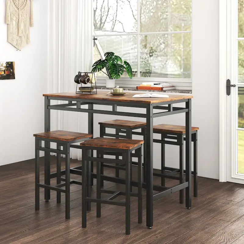 Ensemble table à manger hauteur comptoir avec 4 tabourets de bar, cadre métallique, plateau en bois vintage, table à manger rectangulaire, 5 pièces