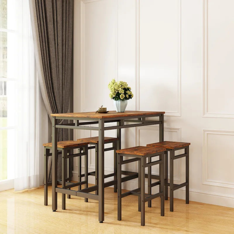 Ensemble table à manger hauteur comptoir avec 4 tabourets de bar, cadre métallique, plateau en bois vintage, table à manger rectangulaire, 5 pièces