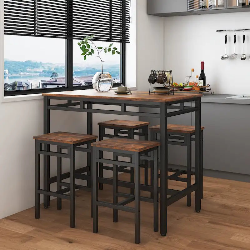Ensemble table à manger hauteur comptoir avec 4 tabourets de bar, cadre métallique, plateau en bois vintage, table à manger rectangulaire, 5 pièces