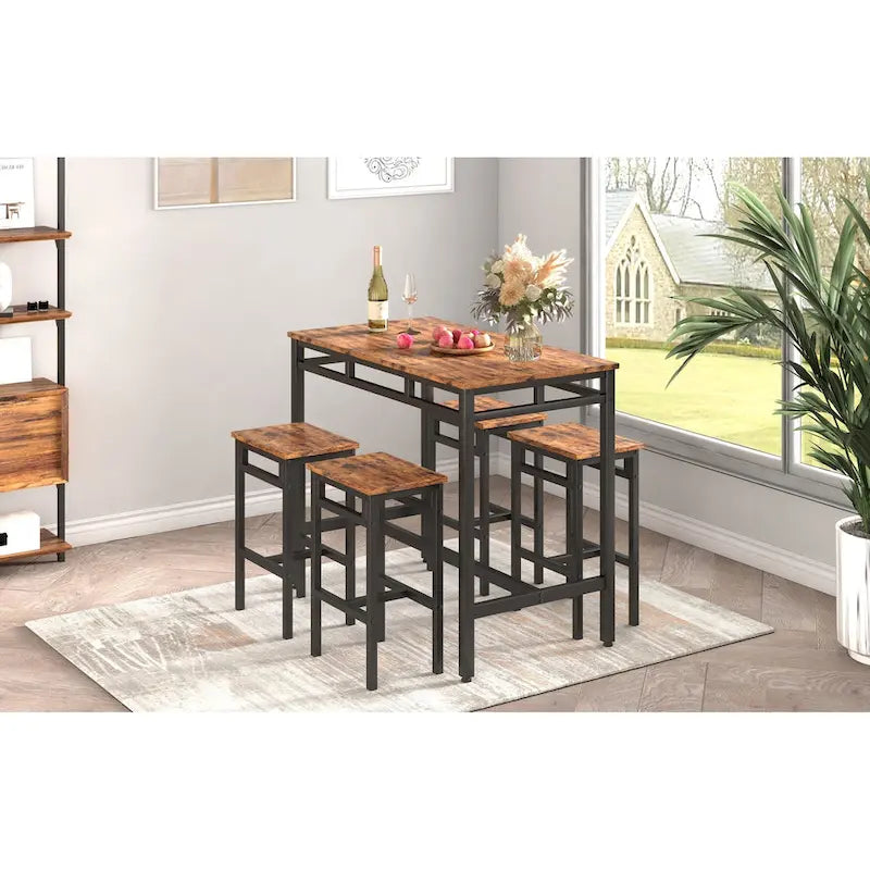 Ensemble table à manger hauteur comptoir avec 4 tabourets de bar, cadre métallique, plateau en bois vintage, table à manger rectangulaire, 5 pièces