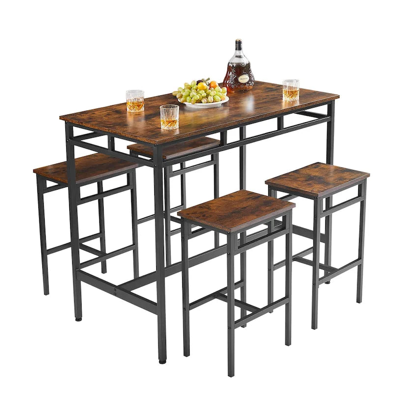 Ensemble table à manger hauteur comptoir avec 4 tabourets de bar, cadre métallique, plateau en bois vintage, table à manger rectangulaire, 5 pièces