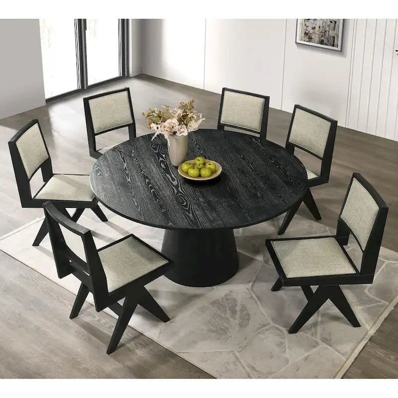 Ensemble de salle à manger rond moderne 7 pièces Evrena de 59 po en bois massif noir Furniture of America