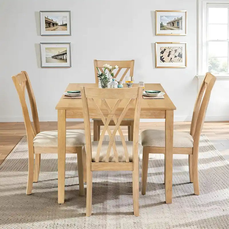Ensemble table à manger rectangulaire en bois, 5 pièces, ensemble de cuisine avec table à manger et 4 chaises à dossier croisé pour 4-6 personnes