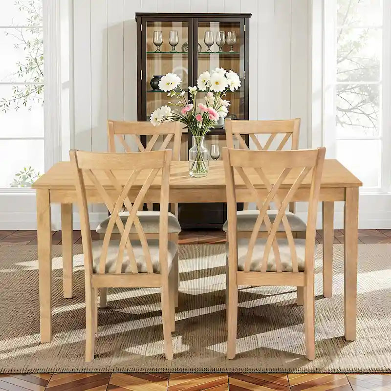 Ensemble table à manger rectangulaire en bois, 5 pièces, ensemble de cuisine avec table à manger et 4 chaises à dossier croisé pour 4-6 personnes