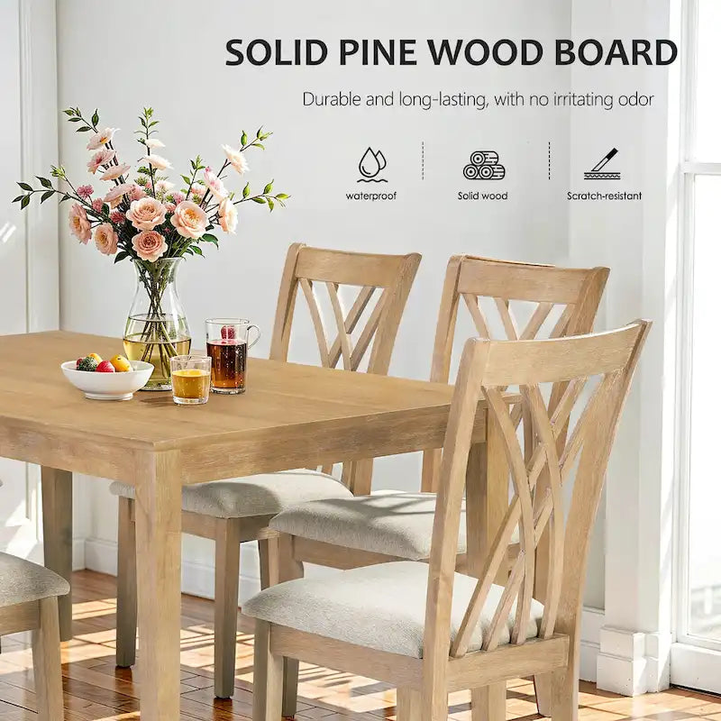 Ensemble table à manger rectangulaire en bois, 5 pièces, ensemble de cuisine avec table à manger et 4 chaises à dossier croisé pour 4-6 personnes