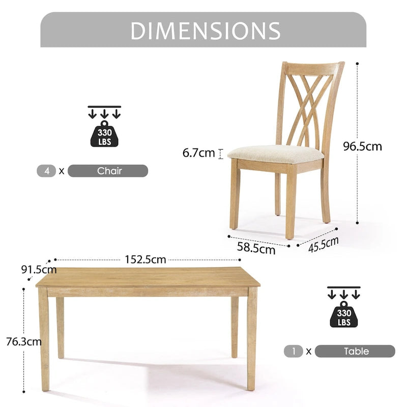Ensemble table à manger rectangulaire en bois, 5 pièces, ensemble de cuisine avec table à manger et 4 chaises à dossier croisé pour 4-6 personnes