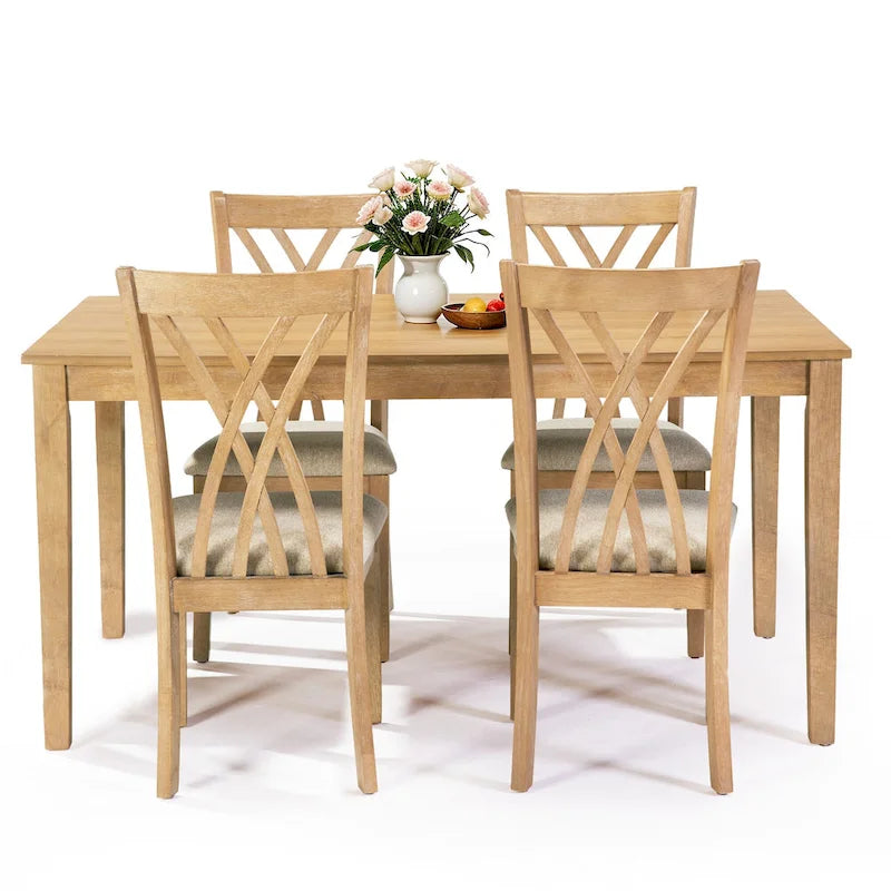 Ensemble table à manger rectangulaire en bois, 5 pièces, ensemble de cuisine avec table à manger et 4 chaises à dossier croisé pour 4-6 personnes