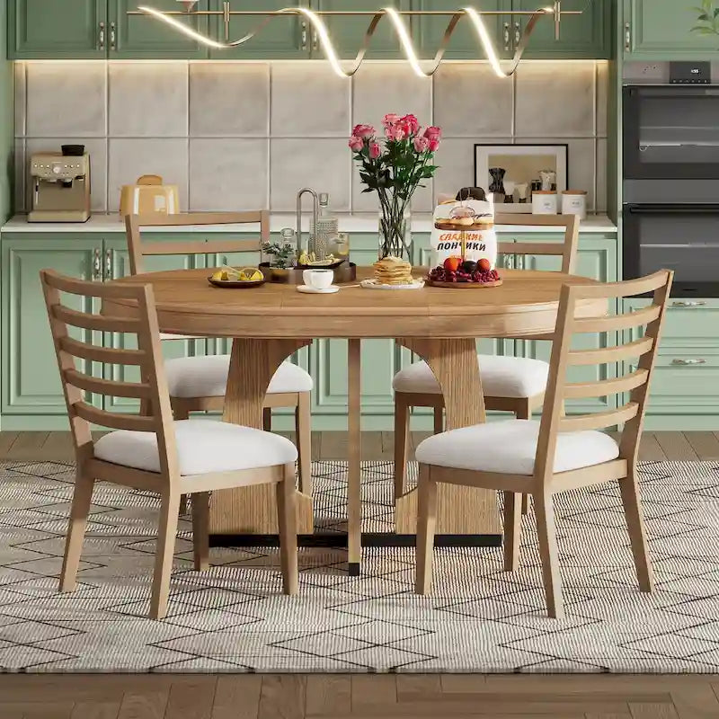 Ensemble de salle à manger rustique et fonctionnel 5 pièces, comprenant 1 table extensible avec rallonge de 40 cm et 4 chaises rembourrées