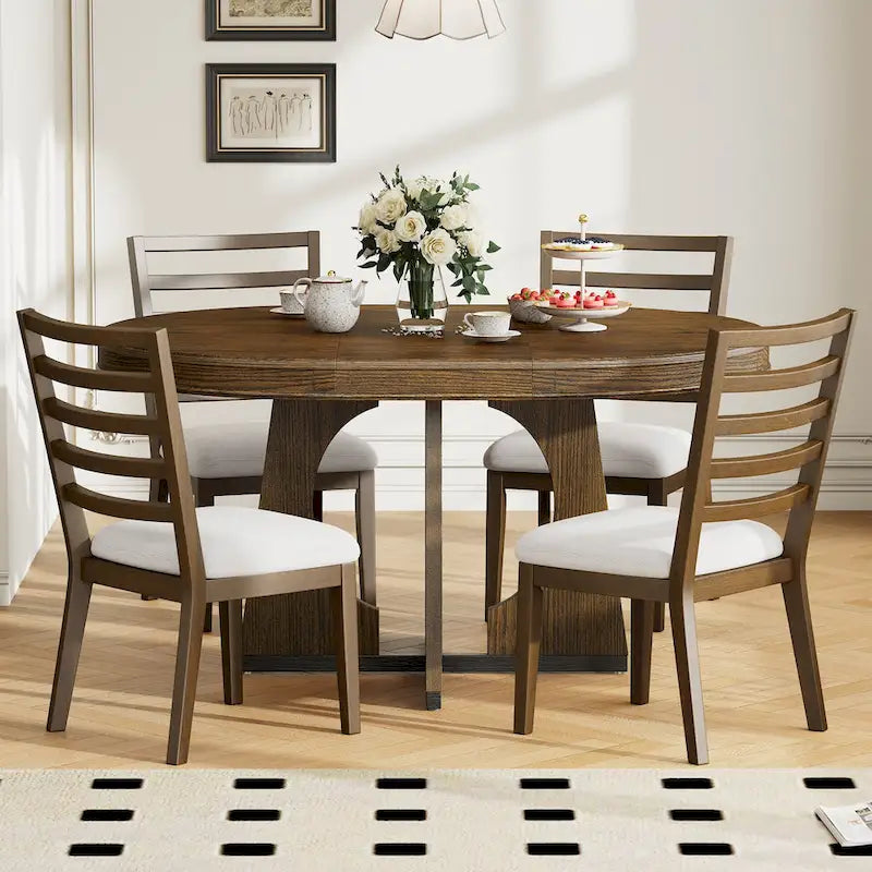 Ensemble de salle à manger rustique et fonctionnel 5 pièces, comprenant 1 table extensible avec rallonge de 40 cm et 4 chaises rembourrées