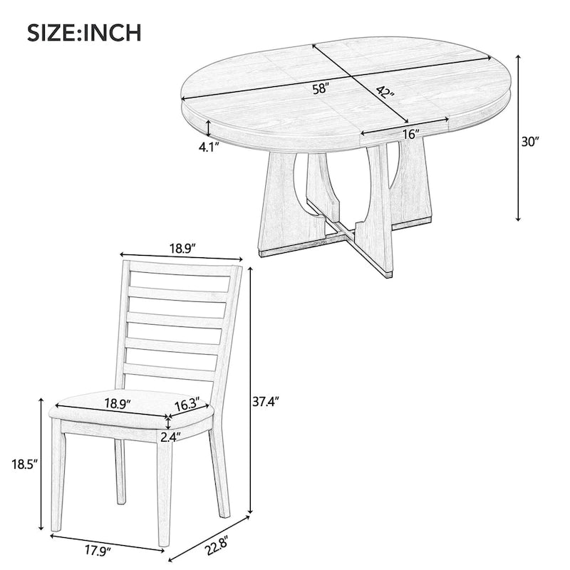 Ensemble de salle à manger rustique et fonctionnel 5 pièces, comprenant 1 table extensible avec rallonge de 40 cm et 4 chaises rembourrées