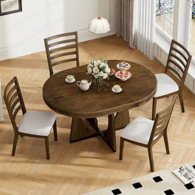 Ensemble de salle à manger rustique et fonctionnel 5 pièces, comprenant 1 table extensible avec rallonge de 40 cm et 4 chaises rembourrées