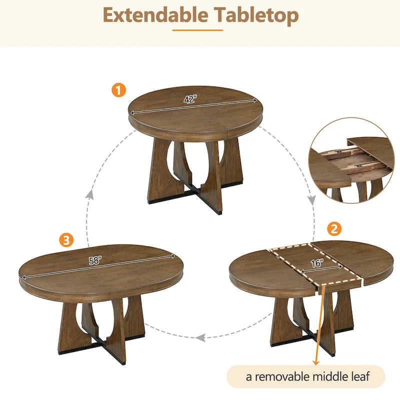 Ensemble de salle à manger rustique et fonctionnel 5 pièces, comprenant 1 table extensible avec rallonge de 40 cm et 4 chaises rembourrées