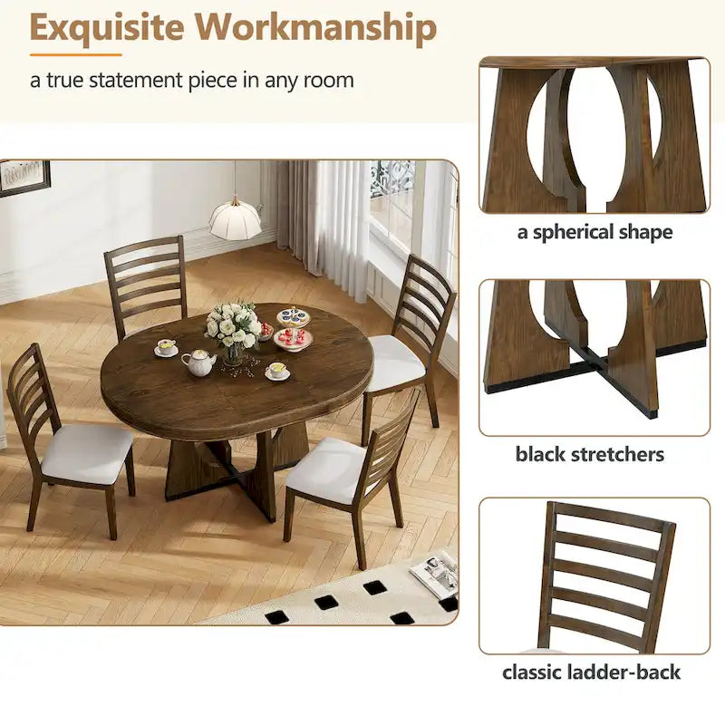 Ensemble de salle à manger rustique et fonctionnel 5 pièces, comprenant 1 table extensible avec rallonge de 40 cm et 4 chaises rembourrées