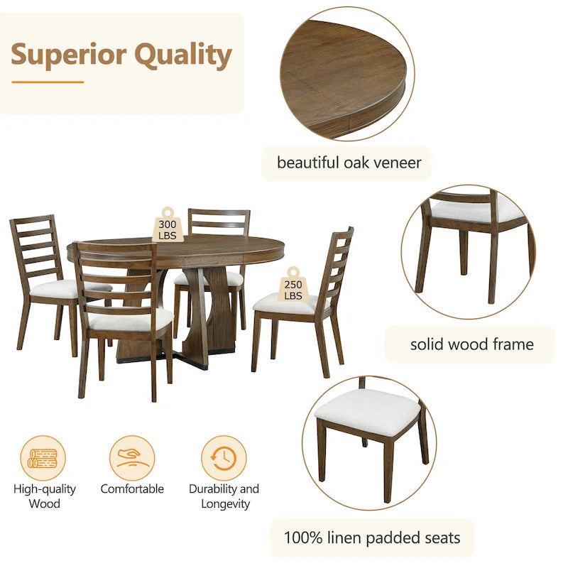 Ensemble de salle à manger rustique et fonctionnel 5 pièces, comprenant 1 table extensible avec rallonge de 40 cm et 4 chaises rembourrées