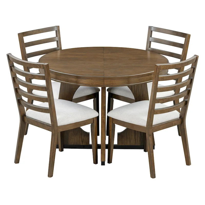 Ensemble de salle à manger rustique et fonctionnel 5 pièces, comprenant 1 table extensible avec rallonge de 40 cm et 4 chaises rembourrées