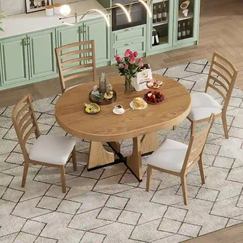 Ensemble de salle à manger rustique et fonctionnel 5 pièces, comprenant 1 table extensible avec rallonge de 40 cm et 4 chaises rembourrées