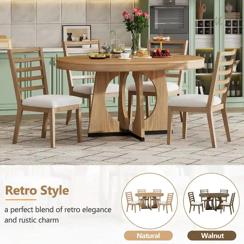Ensemble de salle à manger rustique et fonctionnel 5 pièces, comprenant 1 table extensible avec rallonge de 40 cm et 4 chaises rembourrées