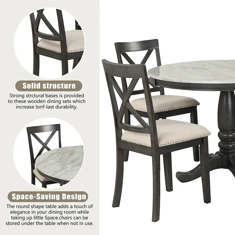 Ensemble de salle à manger moderne 5 pièces en bois avec table ronde et chaises