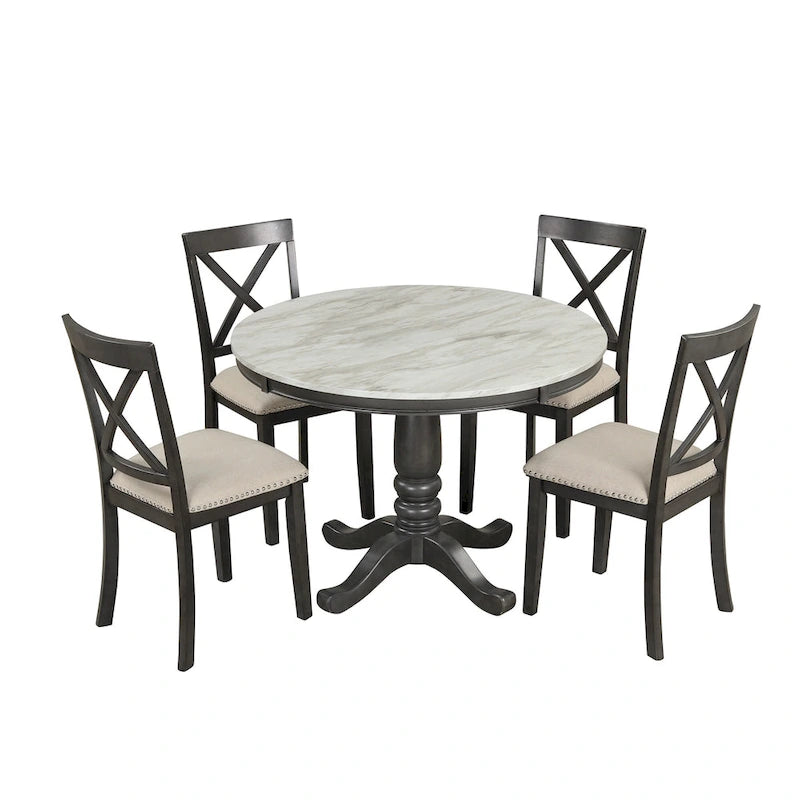 Ensemble de salle à manger moderne 5 pièces en bois avec table ronde et chaises