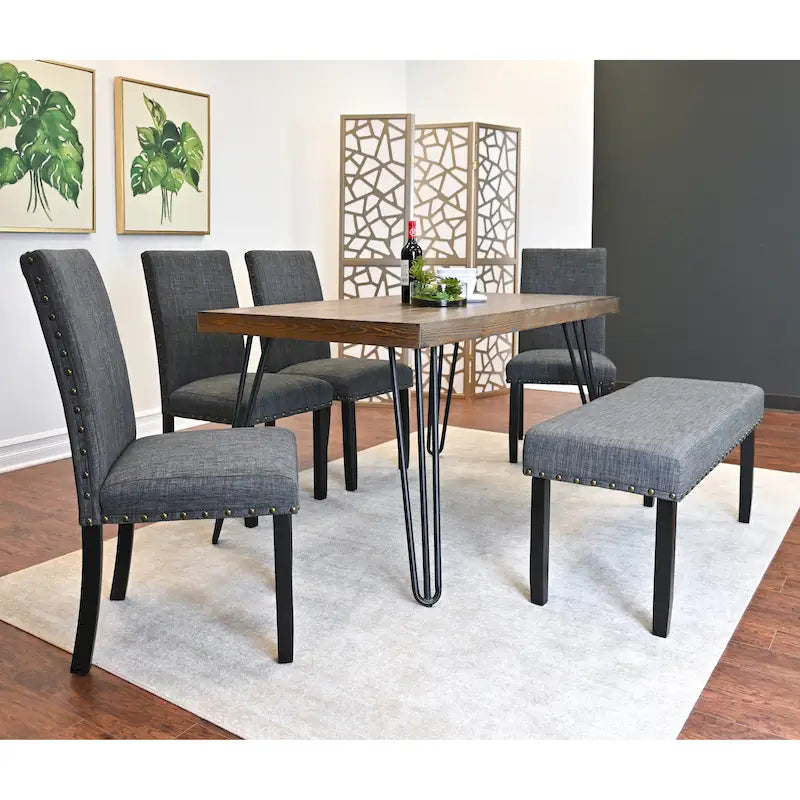 Ensemble de salle à manger industriel 6 pièces avec table rectangulaire et chaises en lin