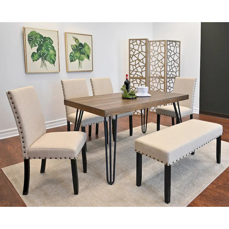 Ensemble de salle à manger industriel 6 pièces avec table rectangulaire et chaises en lin