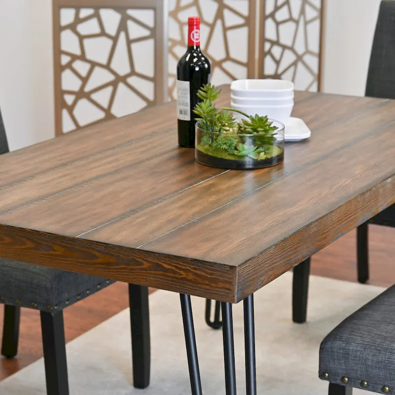 Ensemble de salle à manger industriel 6 pièces avec table rectangulaire et chaises en lin