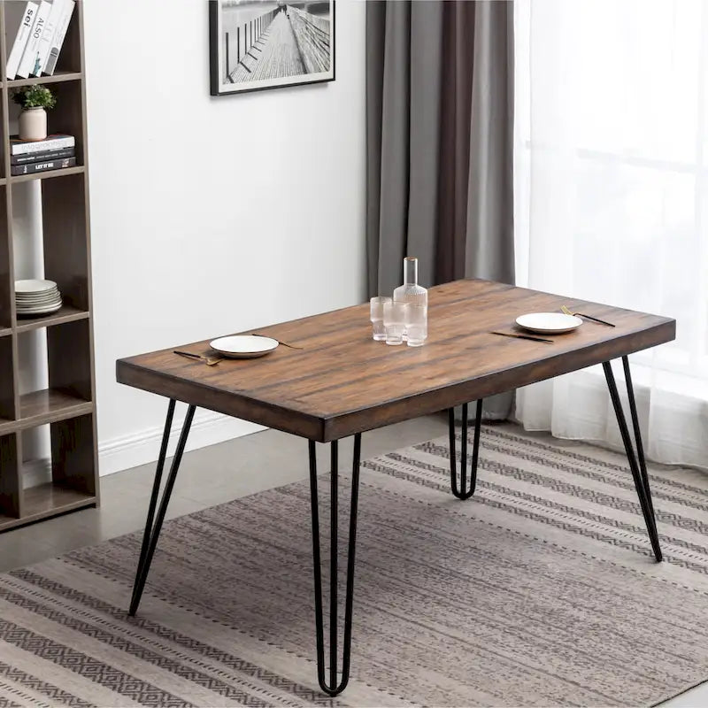 Ensemble de salle à manger industriel 6 pièces avec table rectangulaire et chaises en lin