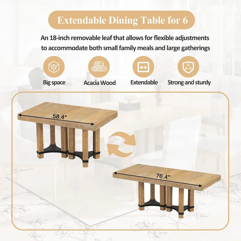 Ensemble de salle à manger rustique 7 pièces avec table extensible et 6 chaises