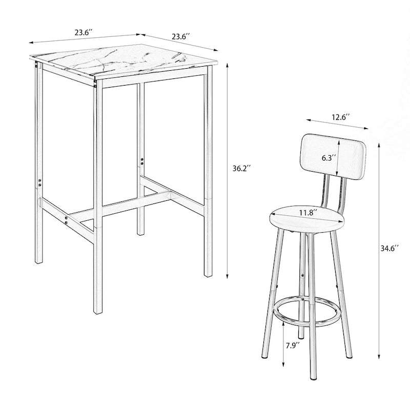 Ensemble de salle à manger moderne 3 pièces avec table carrée, séparation et 2 tabourets de bar