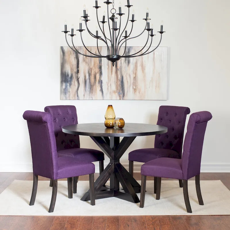 Modern Style 5-Piece Dining Set with Cross Base Round Table and 4 Button Tufted Linen Upholstered Chairs