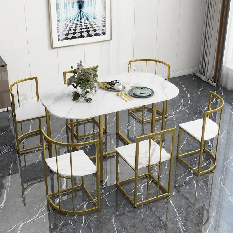 Ensemble de salle à manger moderne 7 pièces avec table demi-ronde et 6 chaises à structure métallique