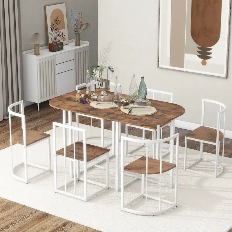 Ensemble de salle à manger moderne 7 pièces avec table demi-ronde et 6 chaises à structure métallique