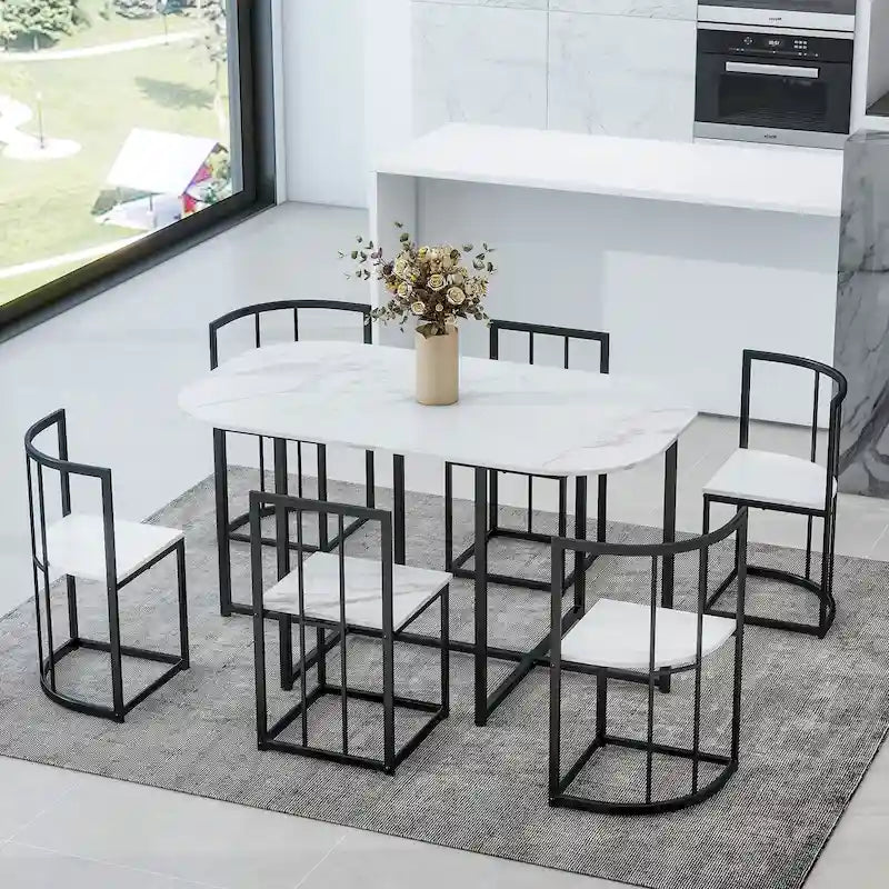 Ensemble de salle à manger moderne 7 pièces avec table demi-ronde et 6 chaises à structure métallique