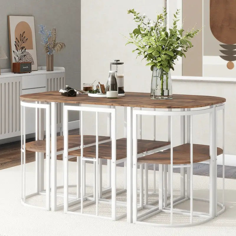 Ensemble de salle à manger moderne 7 pièces avec table demi-ronde et 6 chaises à structure métallique