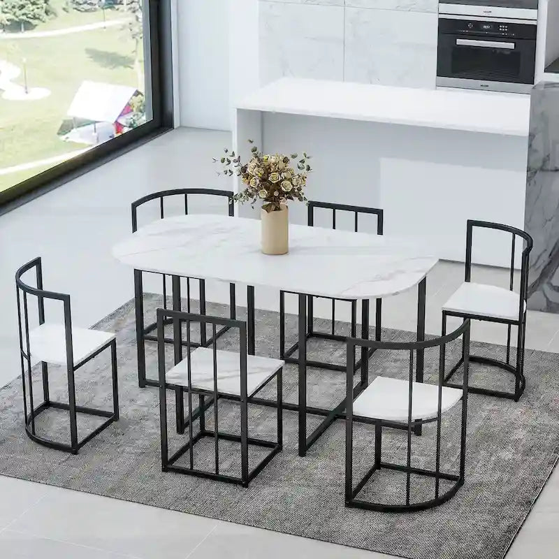 Ensemble de salle à manger moderne 7 pièces avec table demi-ronde et 6 chaises à structure métallique