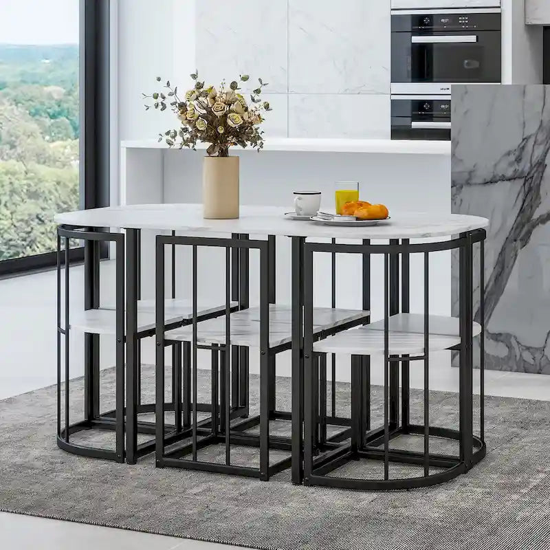 Ensemble de salle à manger moderne 7 pièces avec table demi-ronde et 6 chaises à structure métallique