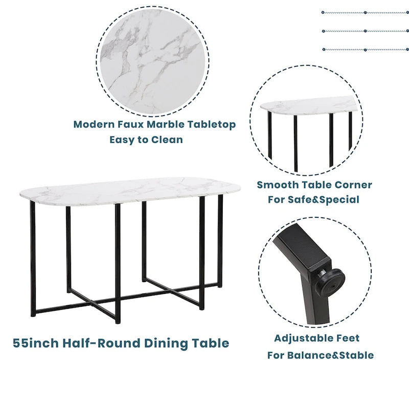 Ensemble de salle à manger moderne 7 pièces avec table demi-ronde et 6 chaises à structure métallique