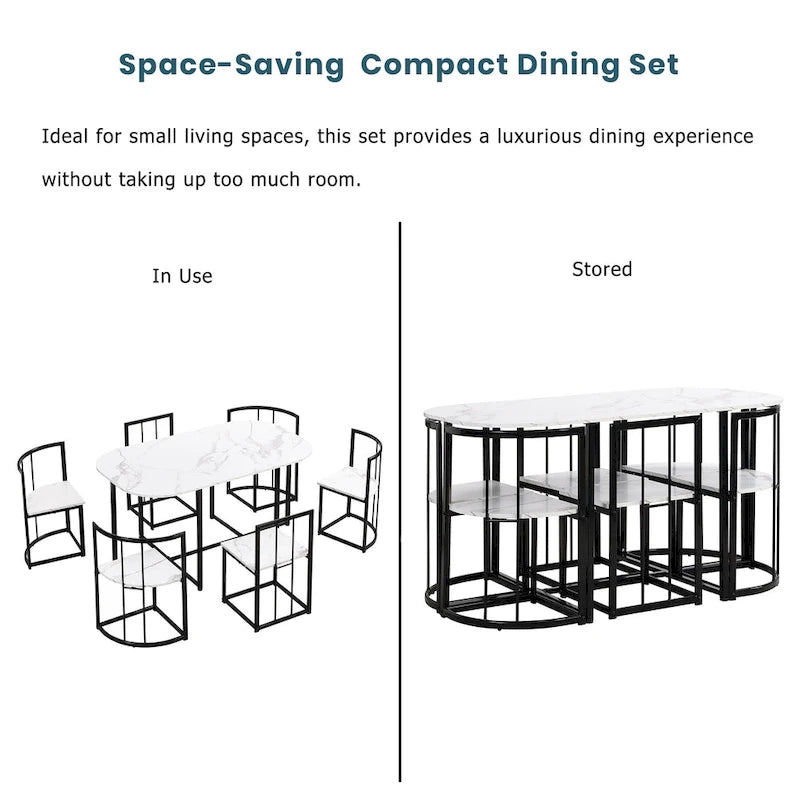 Ensemble de salle à manger moderne 7 pièces avec table demi-ronde et 6 chaises à structure métallique