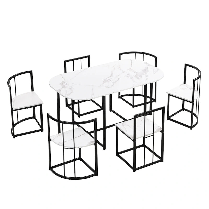 Ensemble de salle à manger moderne 7 pièces avec table demi-ronde et 6 chaises à structure métallique