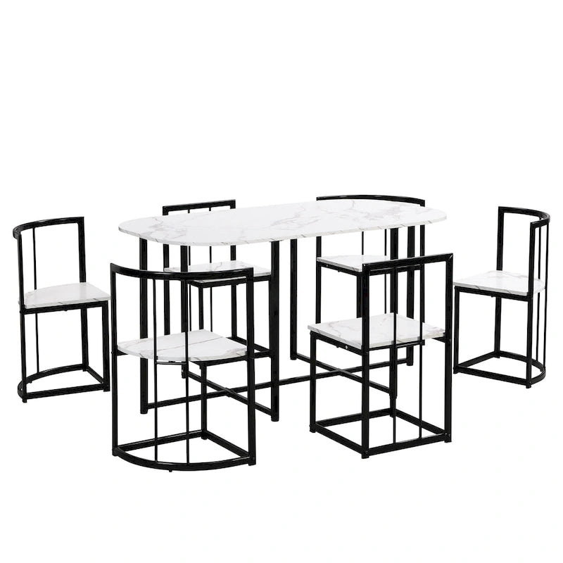 Ensemble de salle à manger moderne 7 pièces avec table demi-ronde et 6 chaises à structure métallique