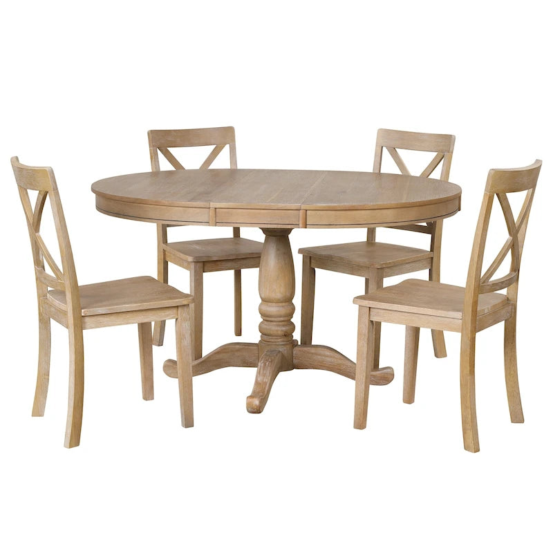 Ensemble de salle à manger 5 pièces en bois naturel avec table ronde extensible et 4 chaises