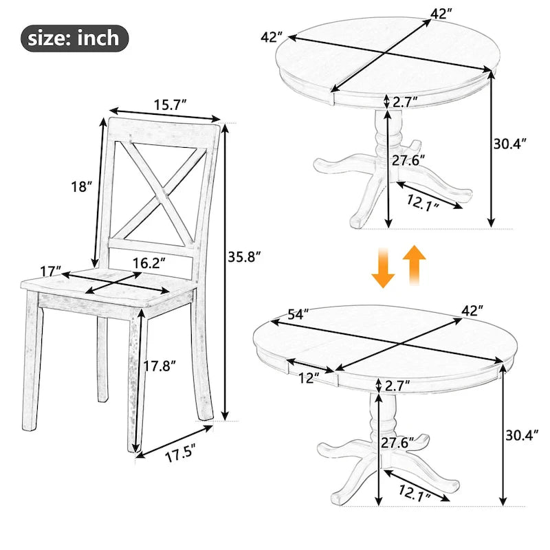 Ensemble de salle à manger 5 pièces en bois naturel avec table ronde extensible et 4 chaises