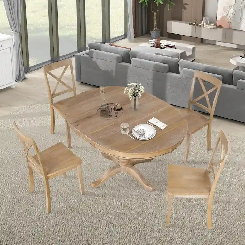Ensemble de salle à manger 5 pièces en bois naturel avec table ronde extensible et 4 chaises