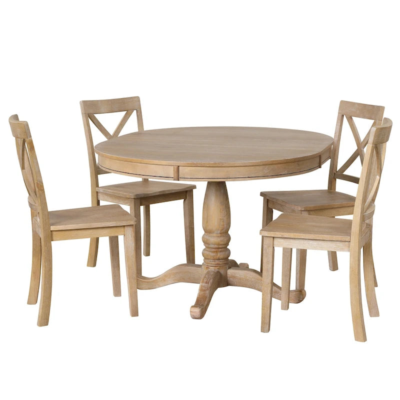 Ensemble de salle à manger 5 pièces en bois naturel avec table ronde extensible et 4 chaises