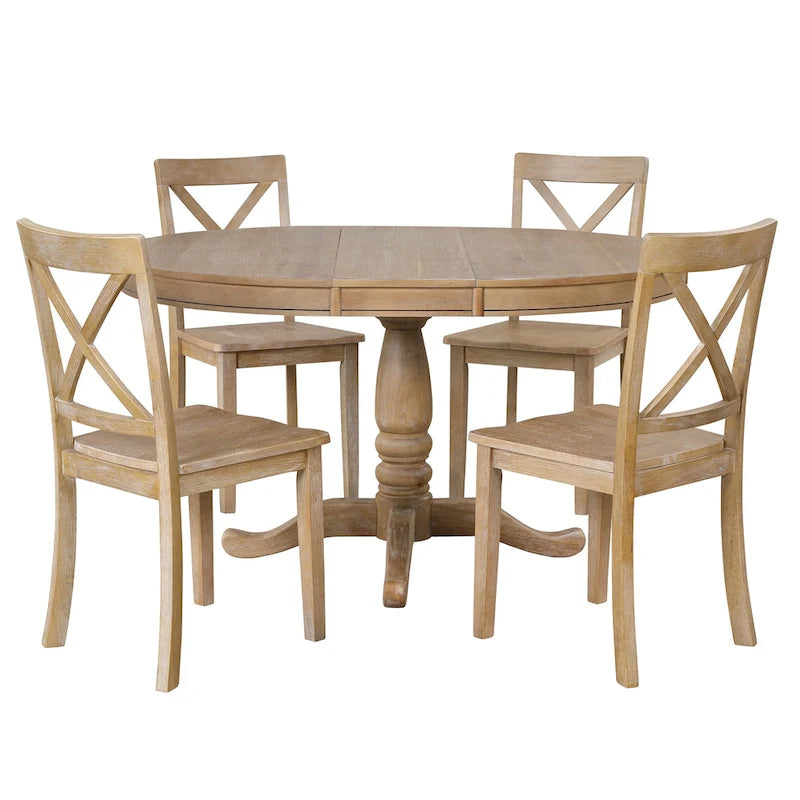 Ensemble de salle à manger 5 pièces en bois naturel avec table ronde extensible et 4 chaises