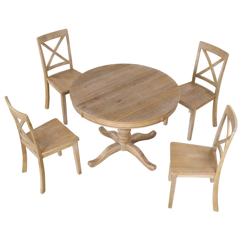 Ensemble de salle à manger 5 pièces en bois naturel avec table ronde extensible et 4 chaises