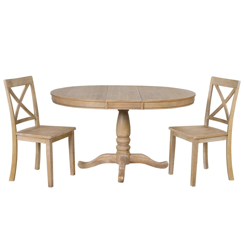 Ensemble de salle à manger 5 pièces en bois naturel avec table ronde extensible et 4 chaises
